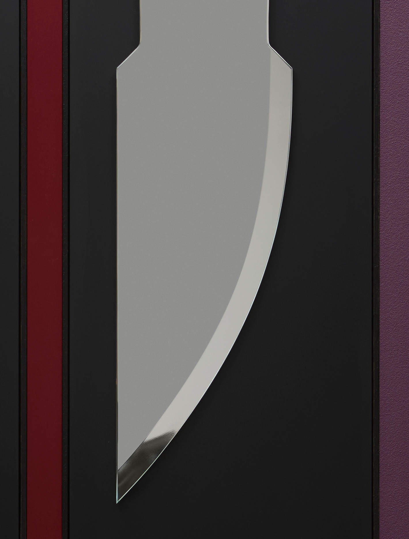 Premier panneau : trois lames de cutter sécables en miroir, parallèles et montant vers la droite, la lame du milieu en miroir gris