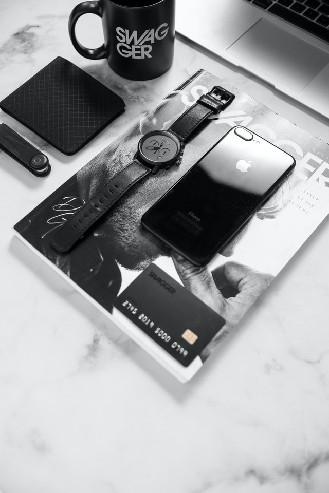 mug, watch, phone, credit card