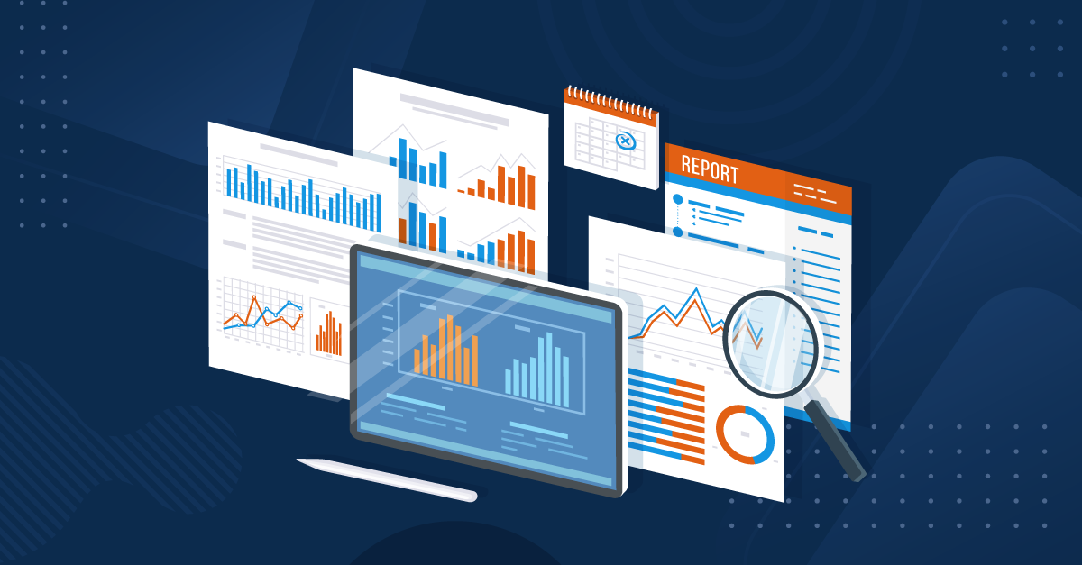 a data management and analytics infographic with charts and graphs