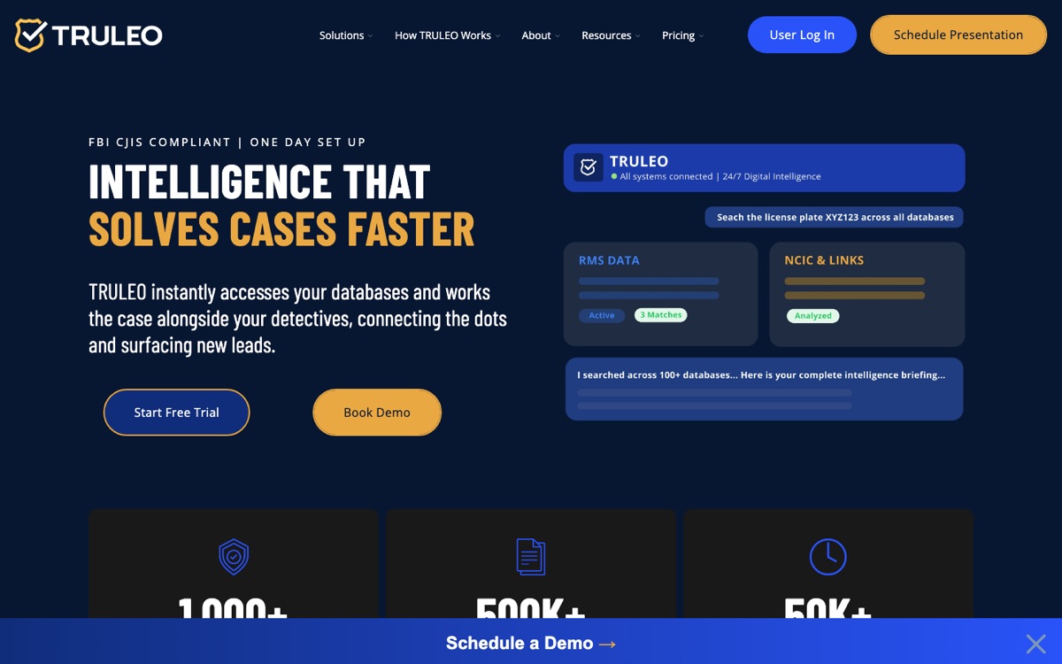 Truleo homepage presenting body camera analytics for officer professionalism and risk signals