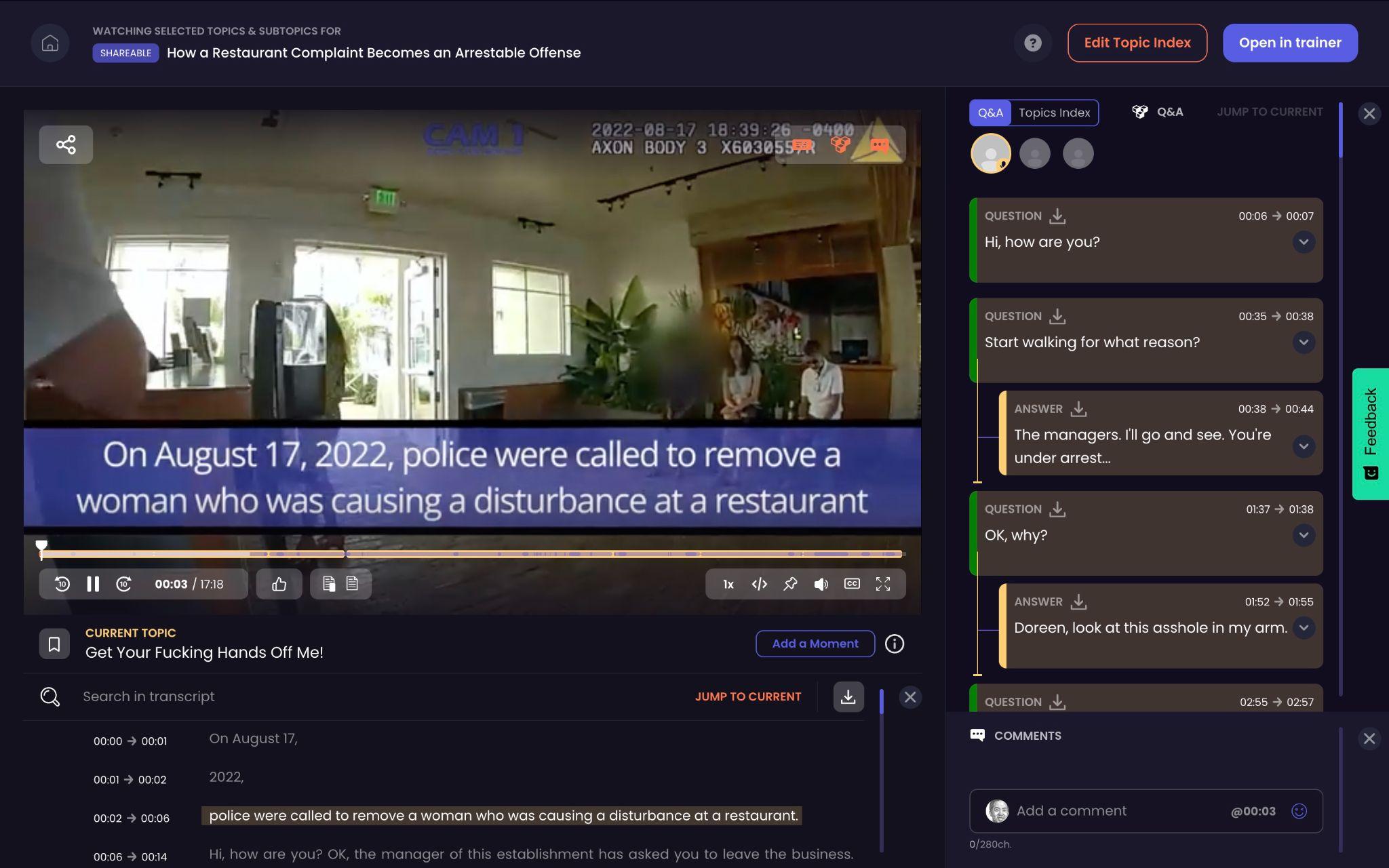 CLIPr review screen with a bodycam clip timeline marked into colored topic segments beside an automatic timestamped Question and Answer index