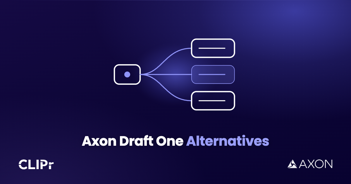 Branded cover for the 6 Axon Draft One alternatives guide, showing bodycam audio turned into a police report draft for officer review