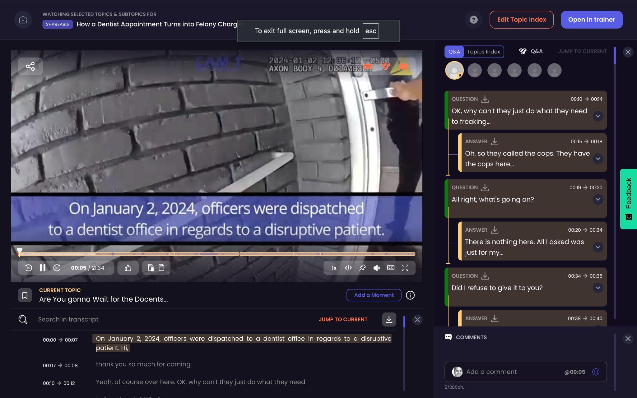 CLIPr review screen playing Axon Body 4 bodycam footage full screen, with the automatic timestamped Q and A index and marked timeline still visible