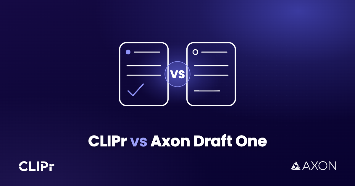 Branded cover for the CLIPr vs Axon Draft One comparison, showing two bodycam-audio report drafting workflows compared side by side