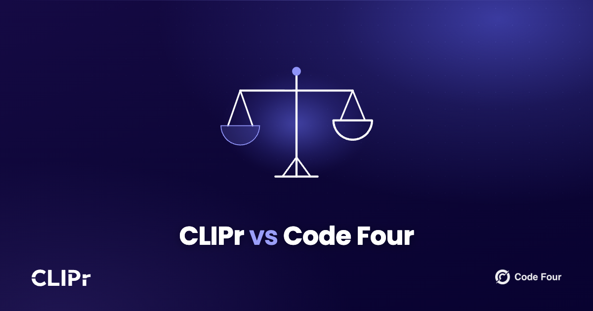 Branded cover for the CLIPr vs Code Four comparison, showing two report drafting workflows converging on one officer review screen