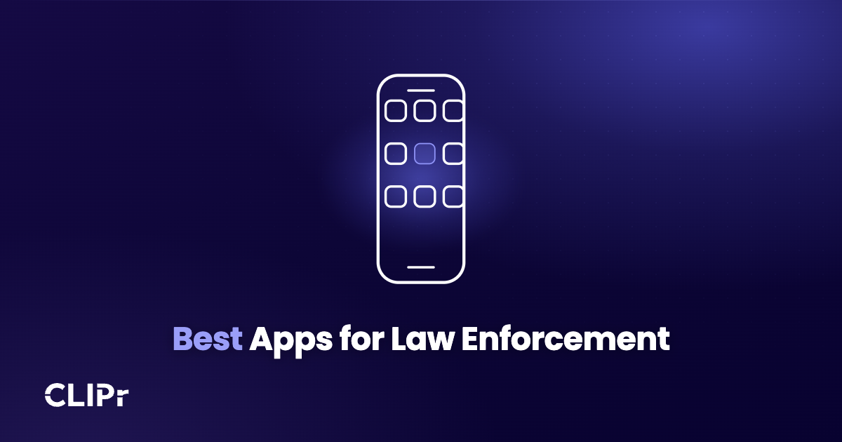 Branded cover for the best apps for law enforcement guide, showing an officer using an agency-issued mobile device during a patrol shift
