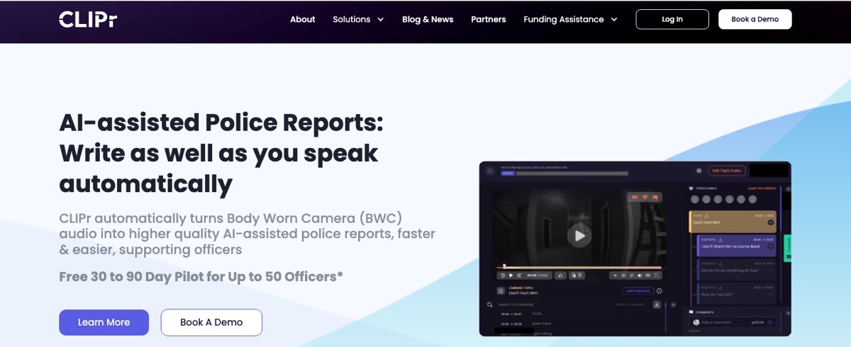 CLIPr homepage introducing AI-assisted police reports written from body-worn camera audio, with the in-product review screen previewed