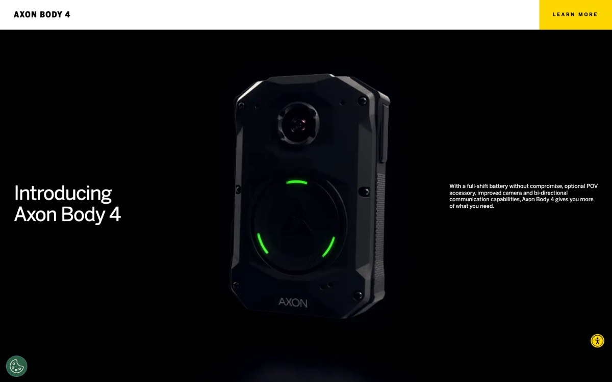 Axon Body 4 law enforcement body-worn camera shown on Axon's product page