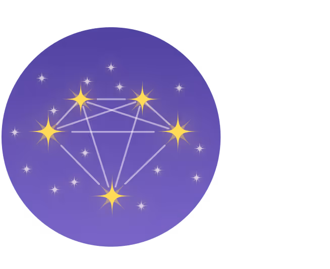 Purple circular background with five large glowing yellow stars connected by lines, surrounded by smaller twinkling stars.
