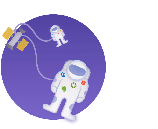 Two astronauts connected by a tether to a satellite, with icons of Trello, Evernote, and other app logos on the suit of the larger astronaut.