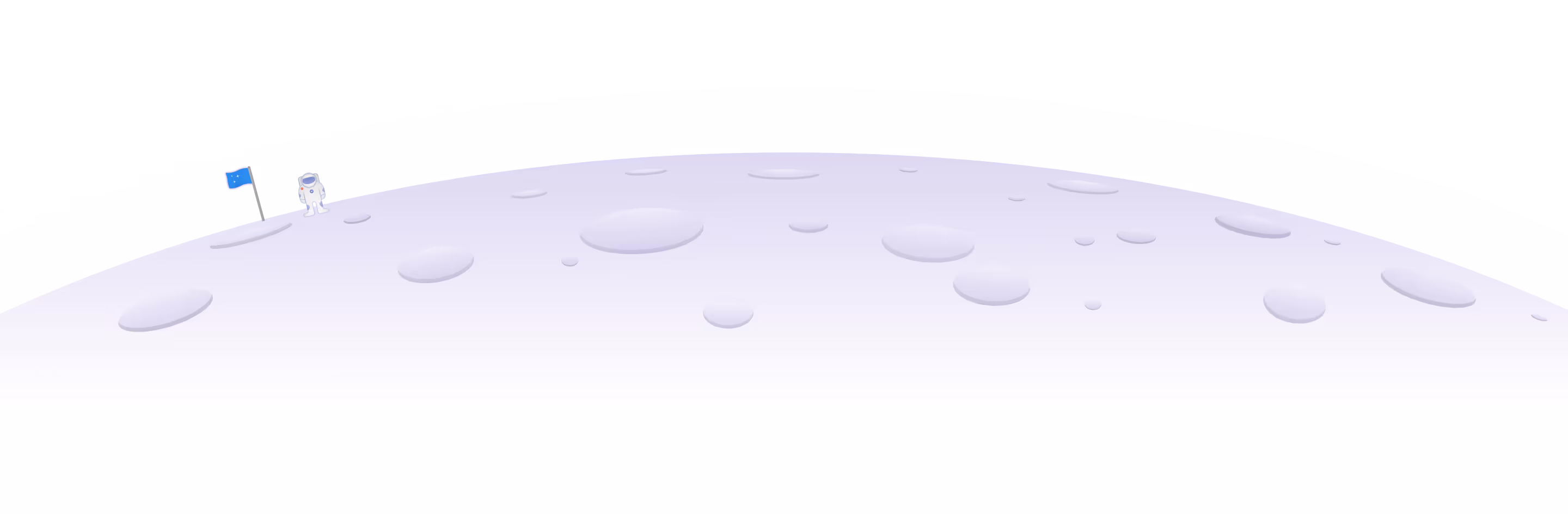 Cartoon illustration of a purple-hued moon surface with craters, an astronaut, and a blue flag planted on the left side.