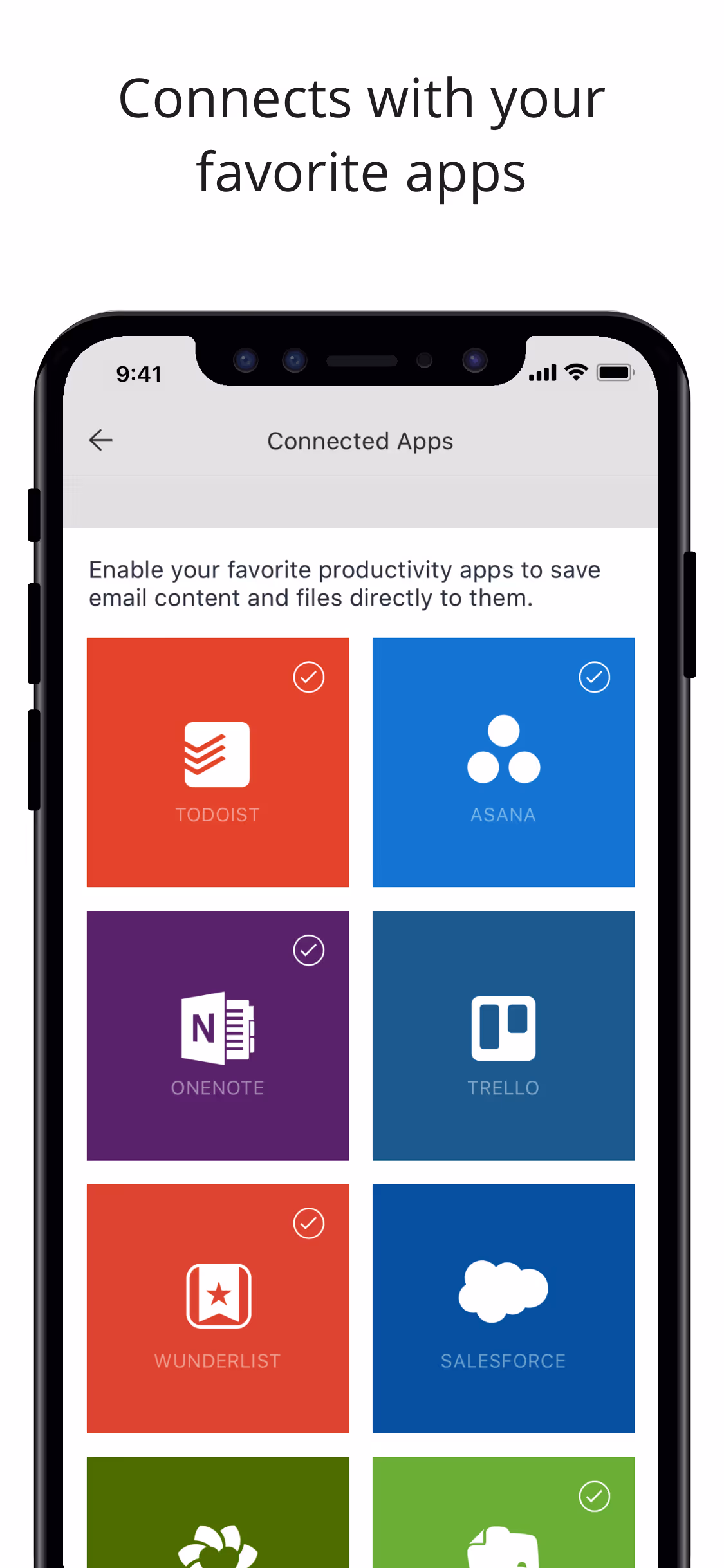 Smartphone screen showing settings to connect favorite productivity apps with some apps like Todoist, Asana, OneNote, Wunderlist, and Evernote selected.