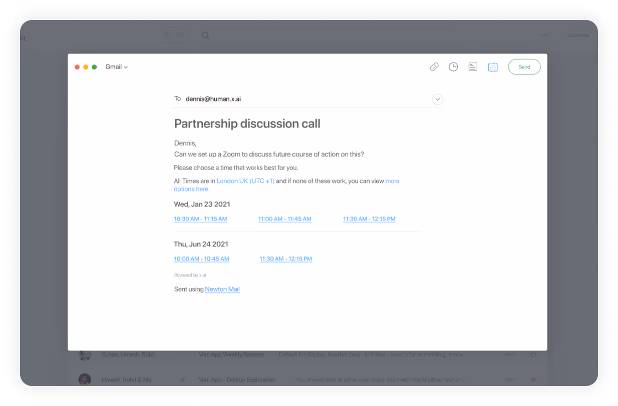 Email draft in Gmail proposing a Zoom meeting for a partnership discussion call with selectable time slots on Jan 23 and Jun 24, 2021.