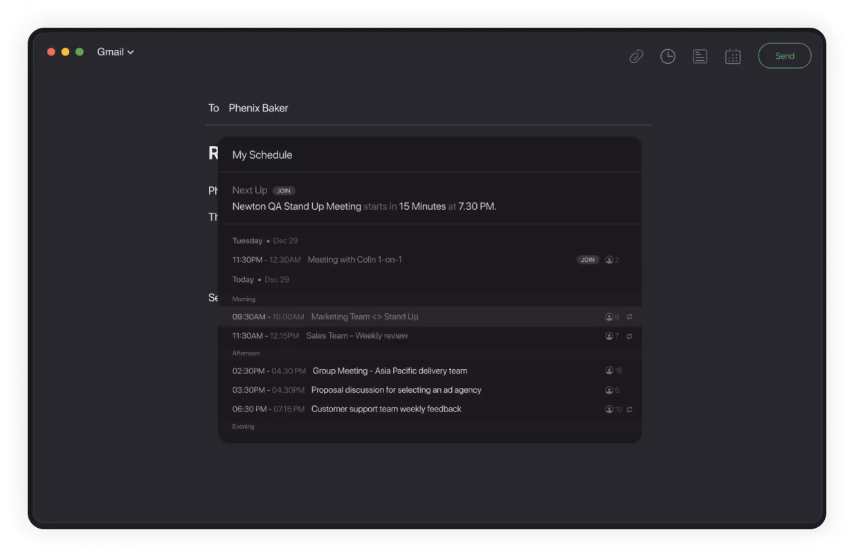 Email draft to Phenix Baker showing a schedule widget with upcoming meetings including a Newton QA Stand Up Meeting starting in 15 minutes and various team meetings for marketing, sales, and delivery.