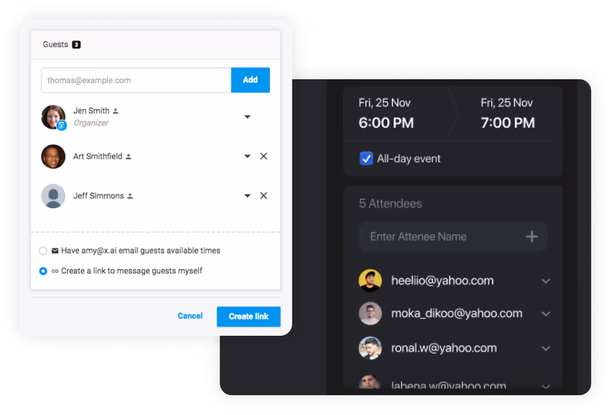Two overlapping event scheduling interfaces showing guest lists, emails, event times, and options to add guests or create a link.