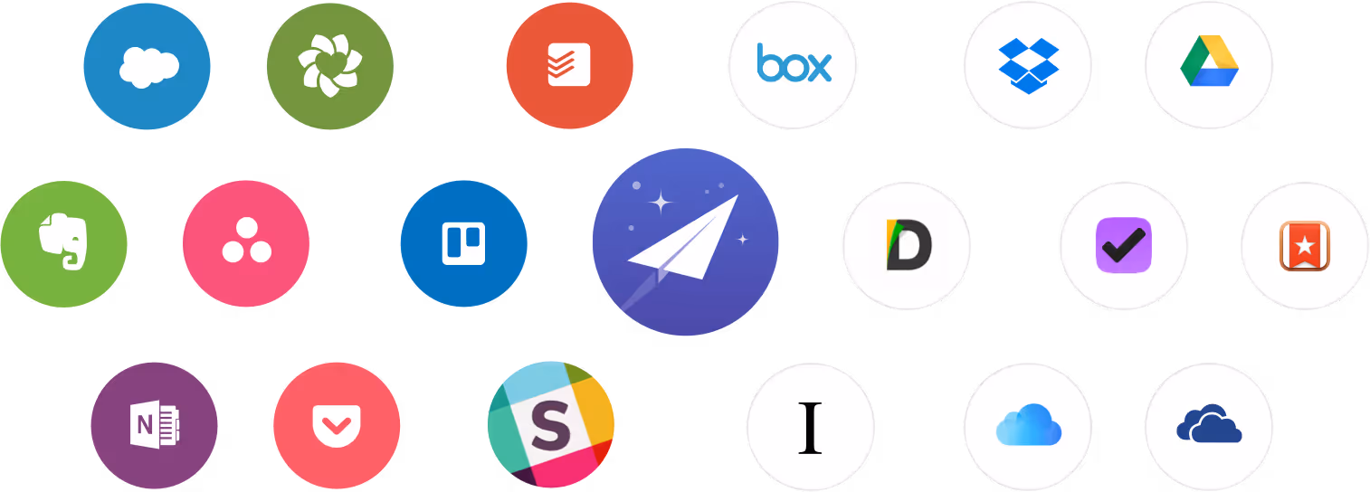 Grid of colorful circular icons representing various productivity and cloud apps, including Salesforce, Zendesk, Todoist, Box, Dropbox, Google Drive, Evernote, Asana, Trello, Paper plane, Draft, OmniFocus, Wunderlist, OneNote, Pocket, Slack, Instapaper, iCloud, and OneDrive.