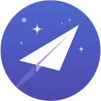 White paper airplane flying through a starry sky with small stars and circles on a blue circular background.