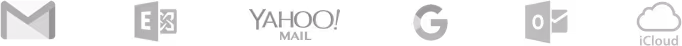 Icons of email service providers: Gmail, Exchange, Yahoo Mail, Google, Outlook, and iCloud.