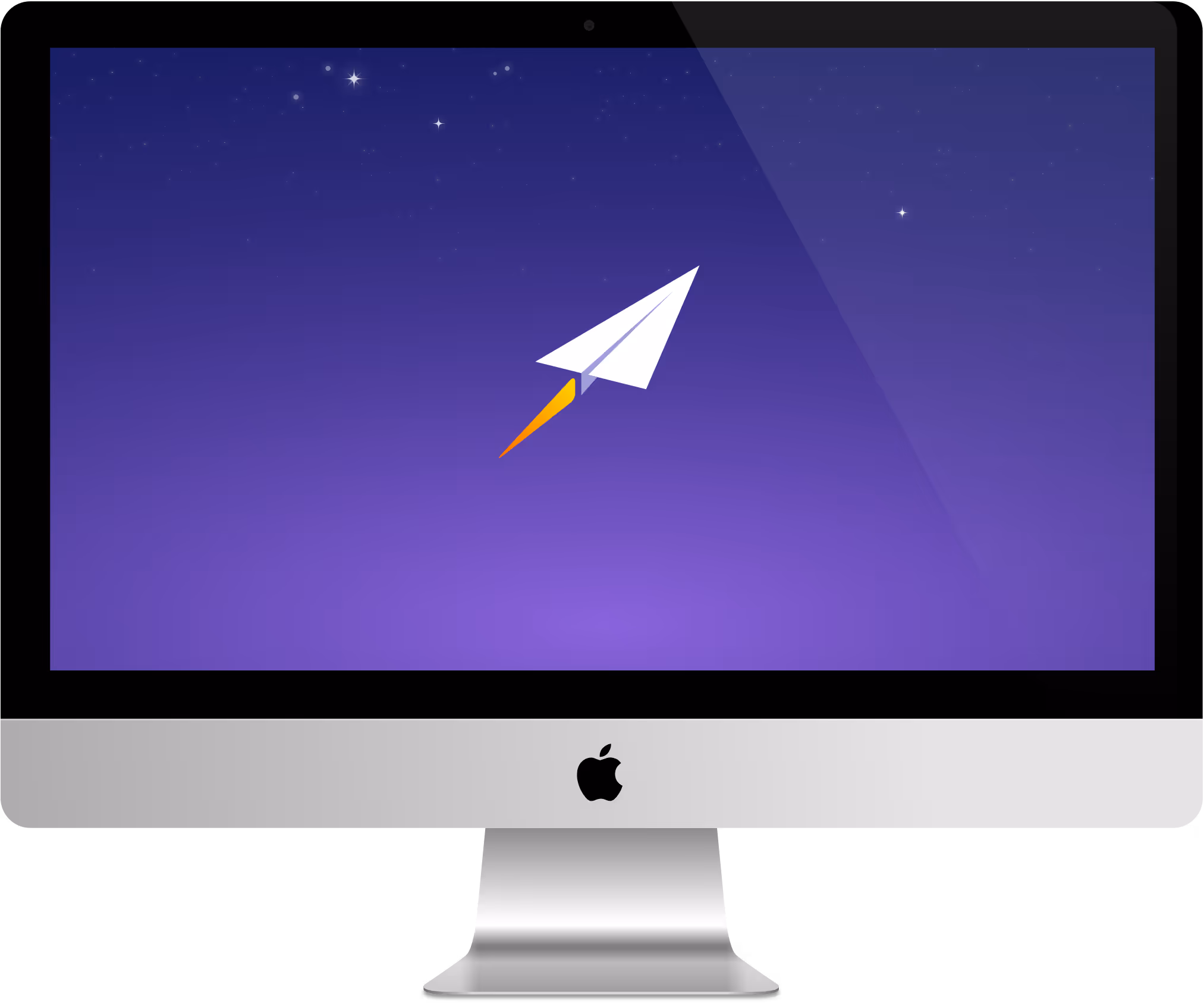 Apple iMac displaying a paper airplane with a rocket flame flying against a purple starry sky background.