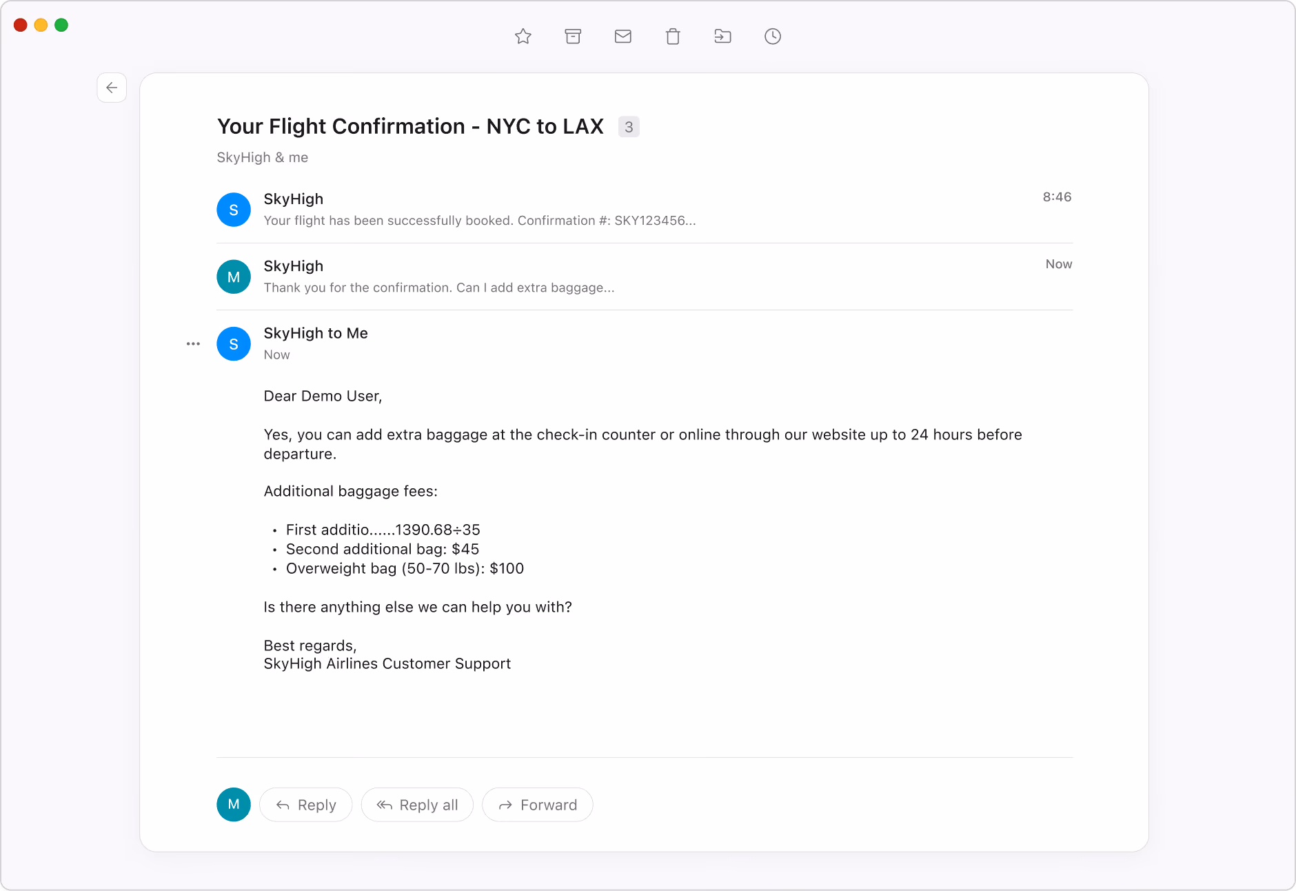 Email conversation titled 'Your Flight Confirmation - NYC to LAX' between SkyHigh and user showing flight booking confirmation and a message about adding extra baggage online or at check-in up to 24 hours before departure, listing baggage fees including $45 for a second additional bag and $100 for overweight bags, signed by SkyHigh Airlines Customer Support.