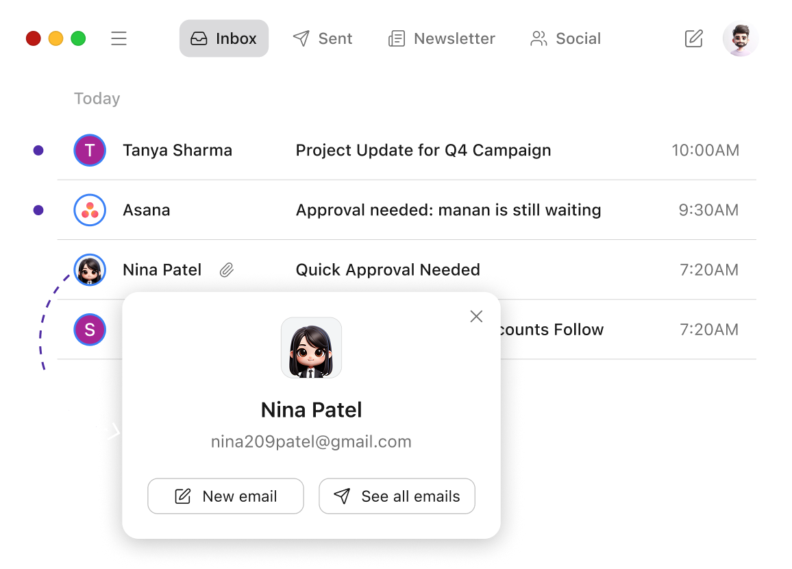 Email inbox interface displaying four emails with senders Tanya Sharma, Asana, and Nina Patel; Nina Patel's email info card shows her avatar, email address, and buttons for New email and See all emails.