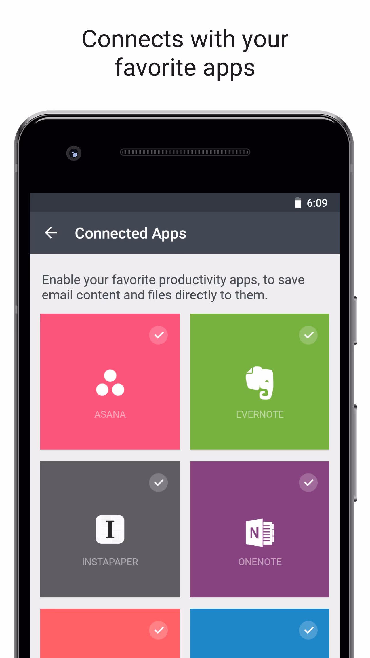 Smartphone screen showing Connected Apps settings with options for Asana, Evernote, Instapaper, and OneNote apps enabled.