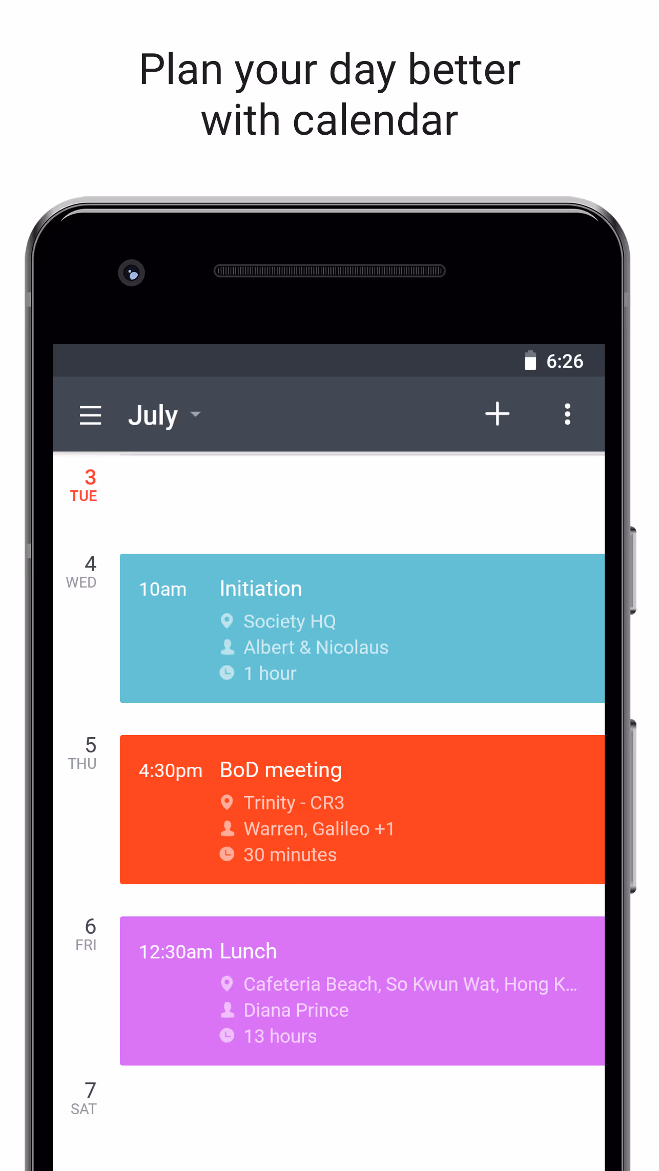 Smartphone calendar app showing events from July 4 to 6: Initiation at Society HQ with Albert & Nicolaus, BoD meeting at Trinity - CR3 with Warren and Galileo, and Lunch at Cafeteria Beach with Diana Prince.