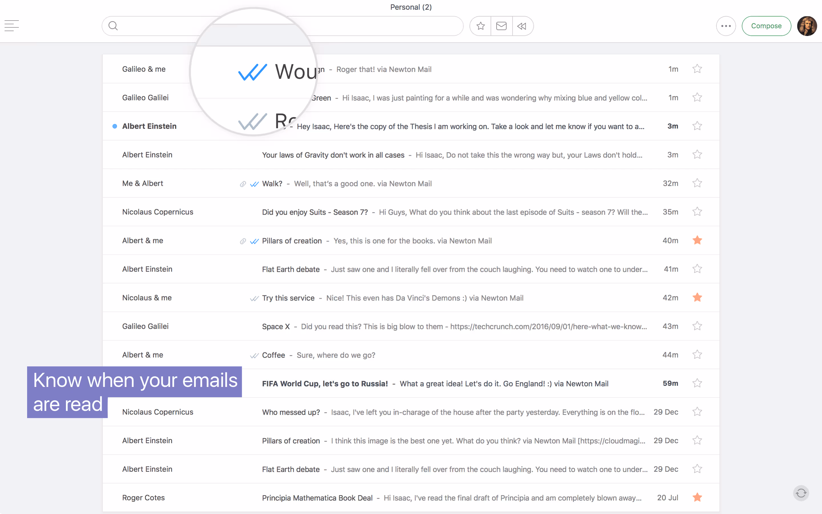 Email inbox showing multiple messages with blue double check marks indicating read status and a magnified view of the read receipt icon.