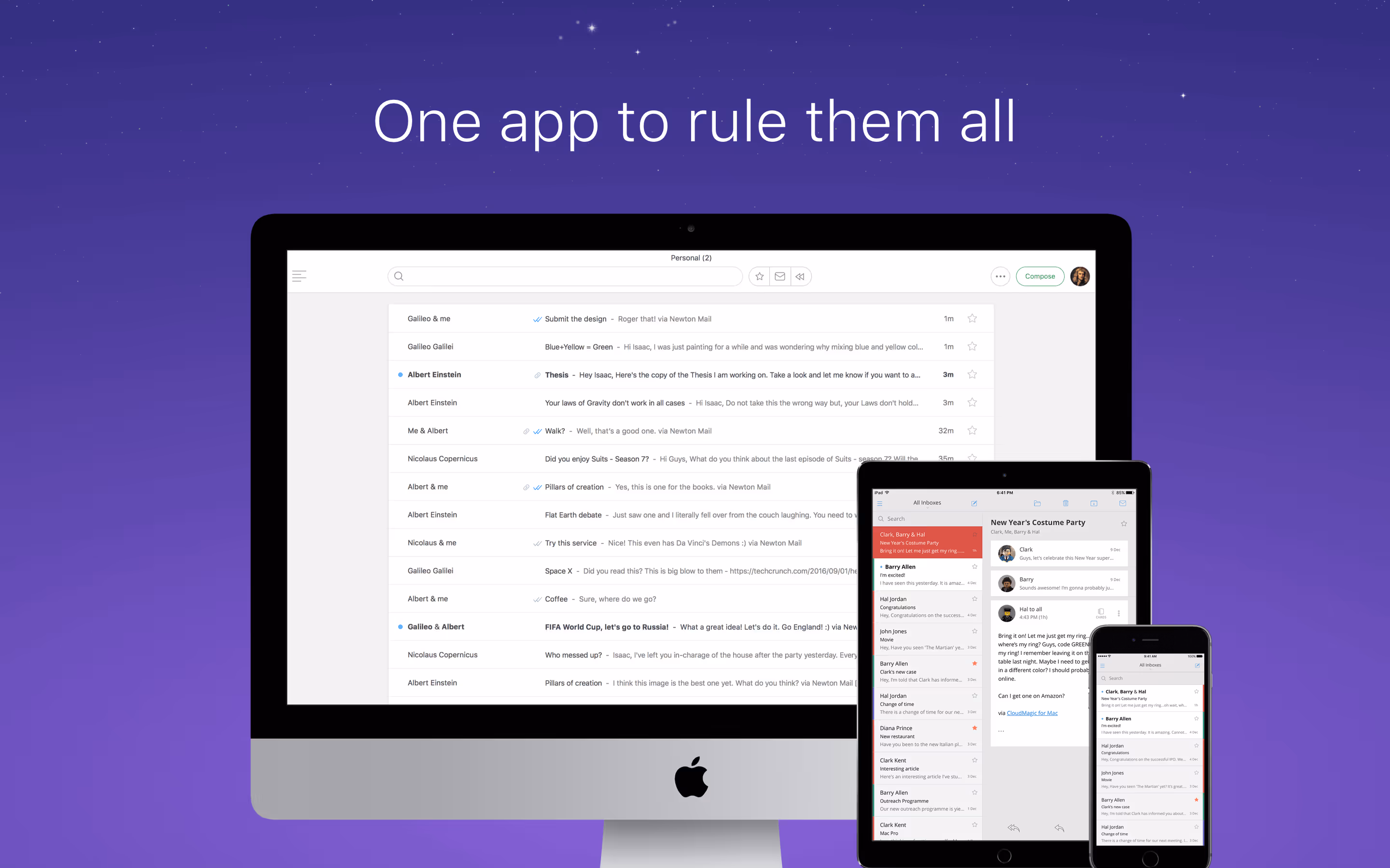 Email application interface displayed on an iMac, iPad, and iPhone against a purple starry background with text ‘One app to rule them all’ above.