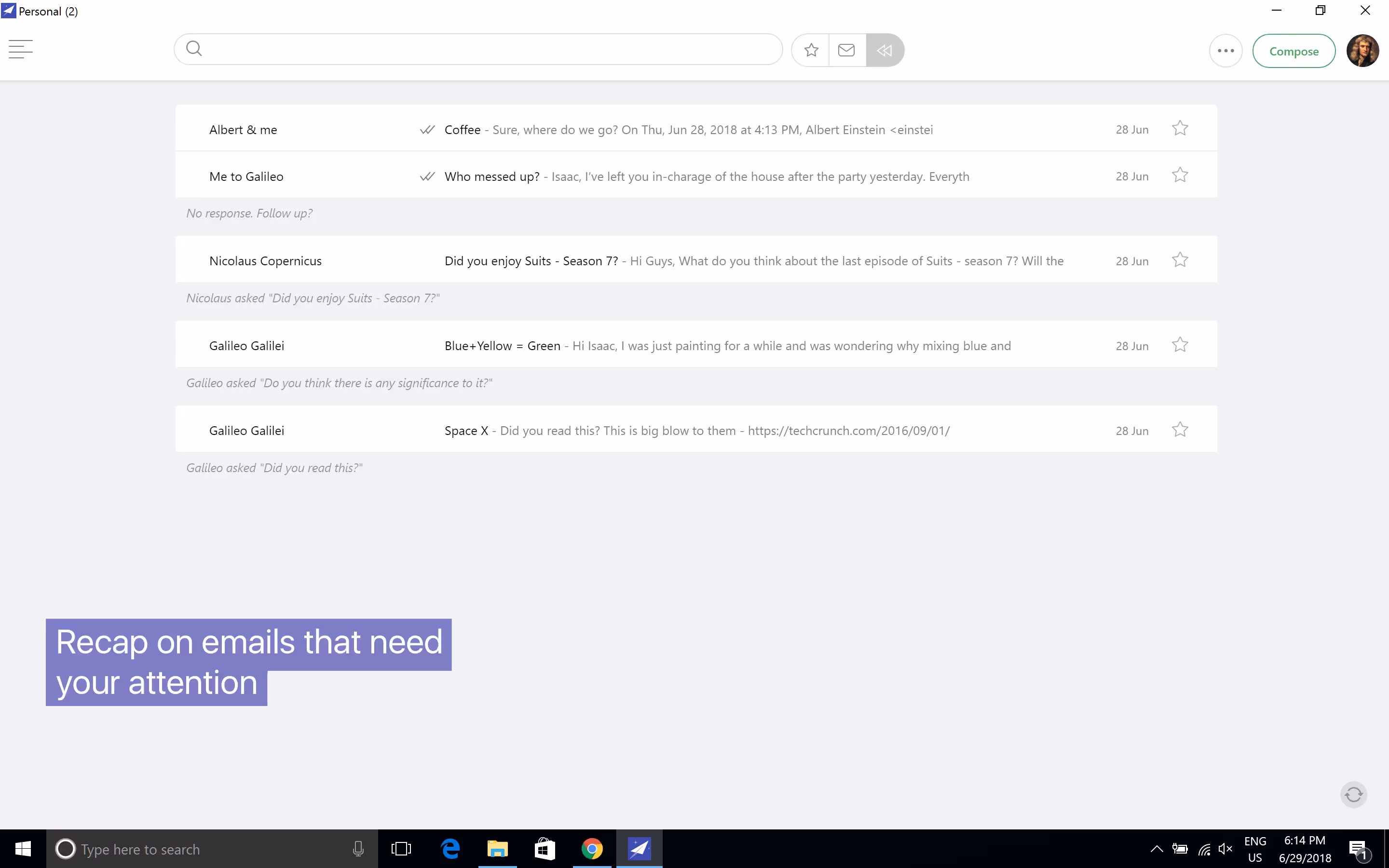 Email inbox interface showing a recap of emails needing attention from contacts including Albert Einstein, Nicolaus Copernicus, and Galileo Galilei, with message previews and dates.