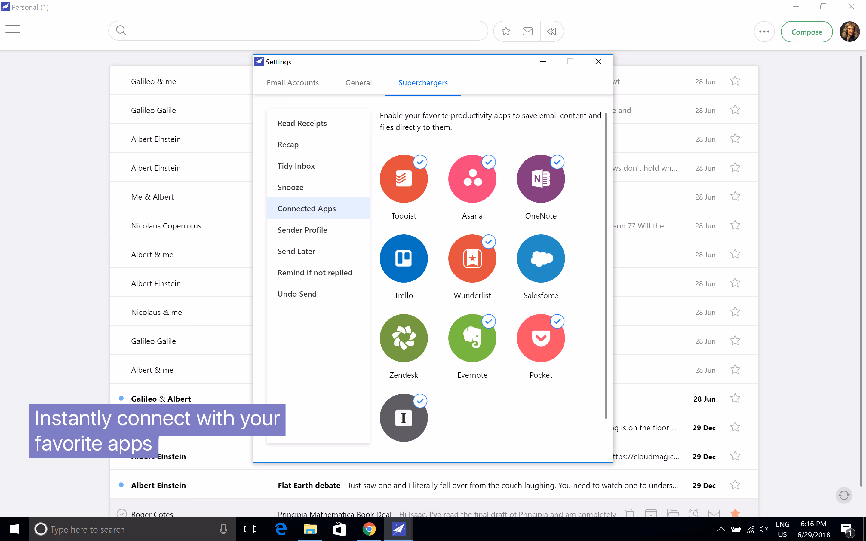 Email application settings window with connected apps like Todoist, Asana, OneNote, Trello, Wunderlist, Salesforce, Zendesk, Evernote, Pocket, and Instapaper enabled.