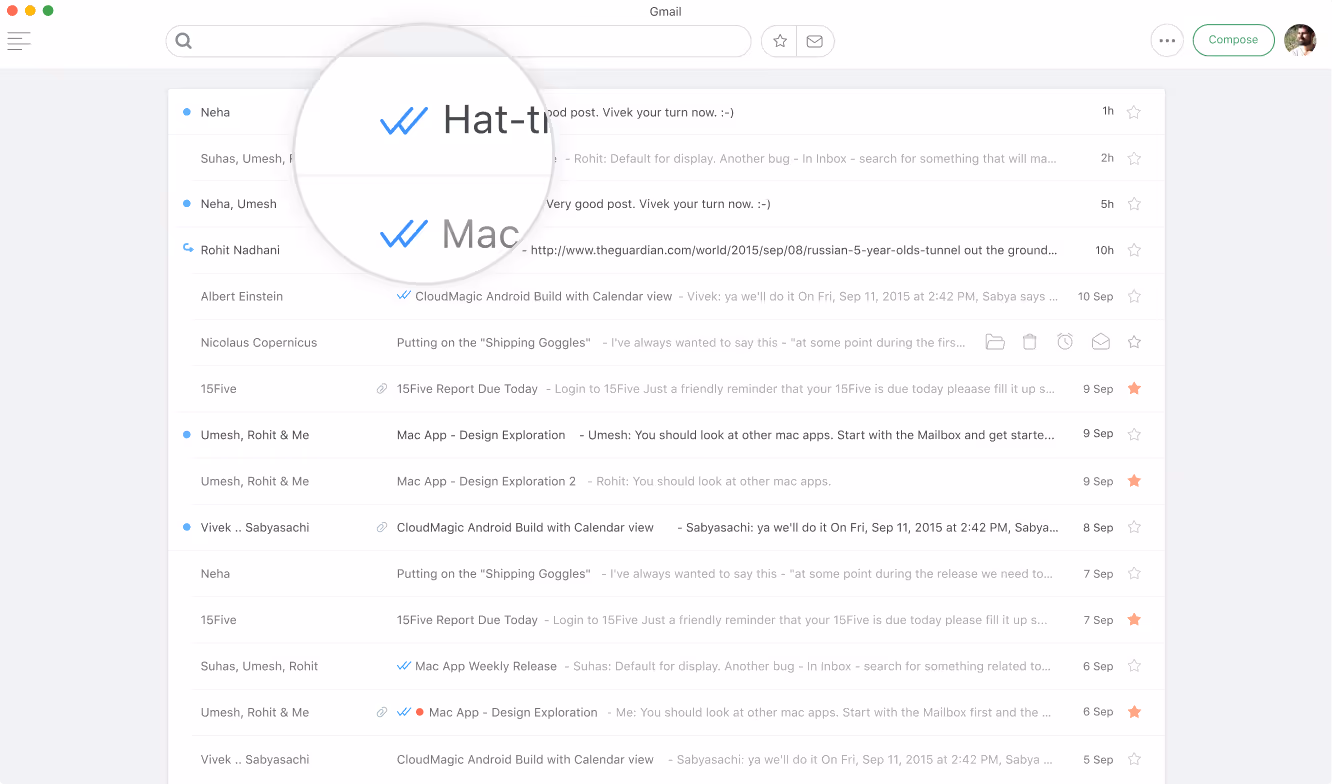 Gmail inbox interface showing a list of emails with various read receipt check marks highlighted in blue and gray.