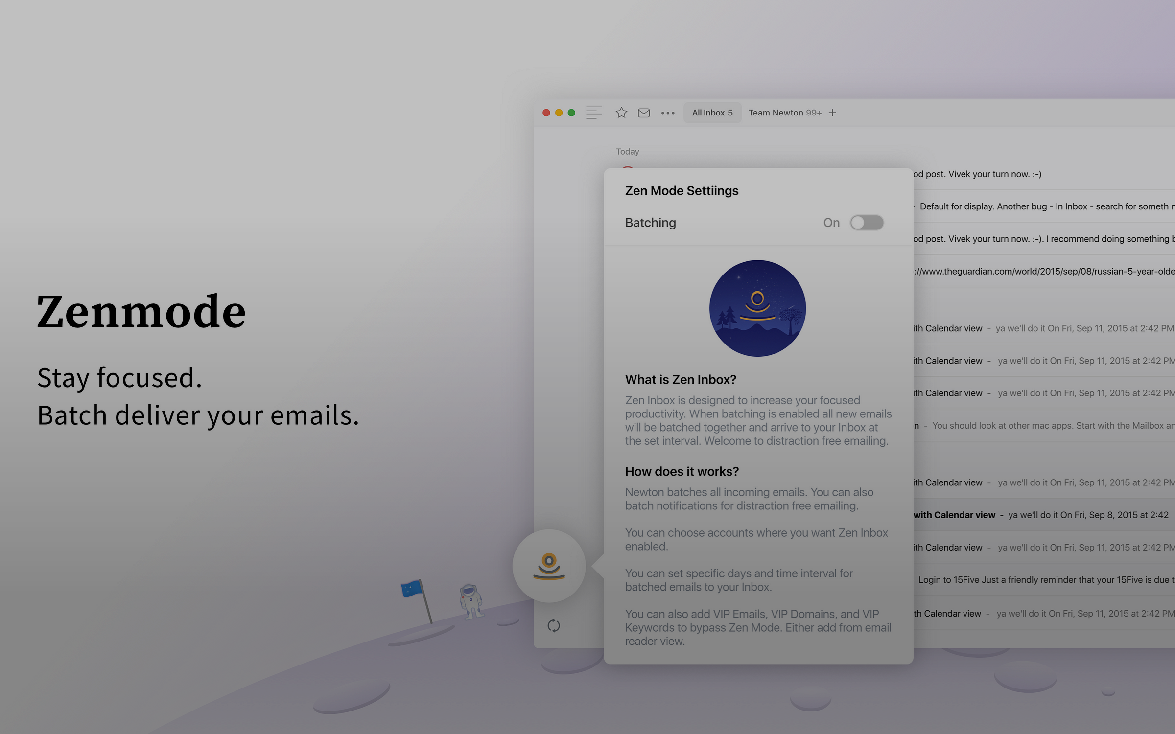 Email app interface showing Zen Mode Settings with batching option off and an astronaut illustration on a purple moon surface.