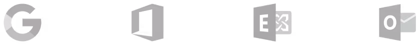 Google logo, Microsoft Office logo, Microsoft Exchange logo, and Microsoft Outlook logo.