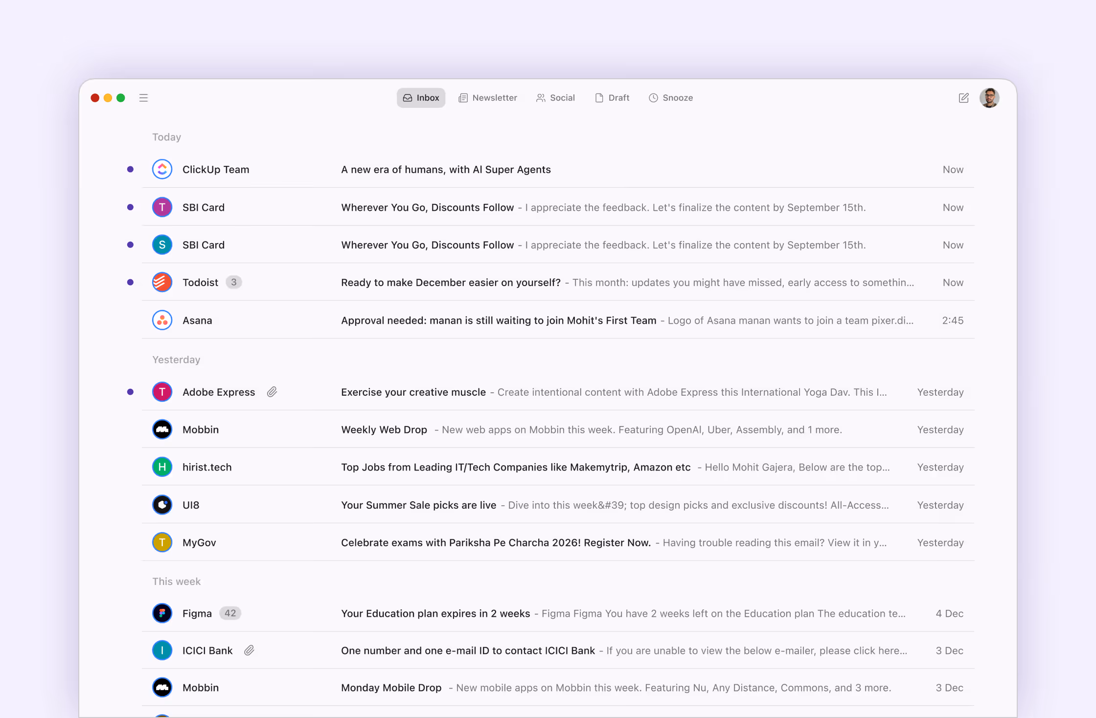 Email inbox interface showing messages from various senders categorized by today, yesterday, and this week.