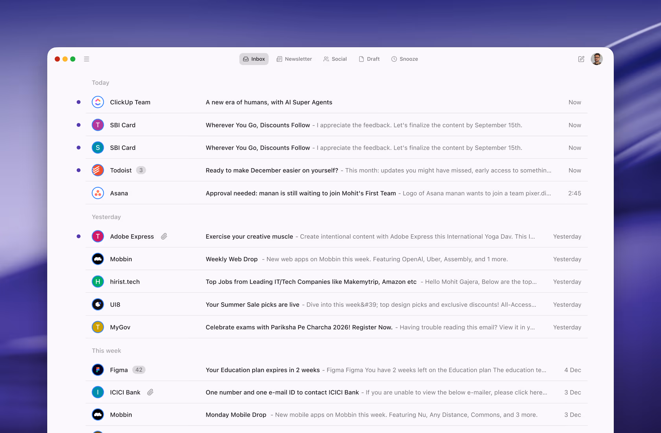 Email inbox interface showing messages from various senders categorized by today, yesterday, and this week.