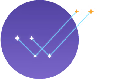 Diagram with white stars connected by blue lines, two shooting stars with orange centers emerging from a purple circle.