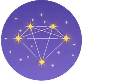 Purple circle with seven large connected yellow stars and smaller stars scattered around.