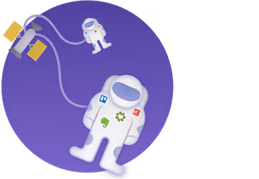 Illustration of two astronaut figures tethered to a satellite set against a purple circular background.