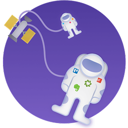 Illustration of two astronaut figures tethered to a satellite set against a purple circular background.