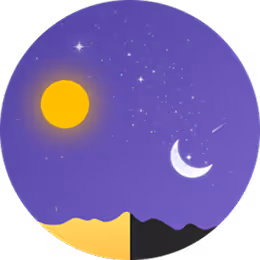 Circular image showing a day and night sky split vertically with sun on left and crescent moon with stars on right.