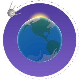 Illustration of a satellite orbiting Earth with sunlight on the horizon.