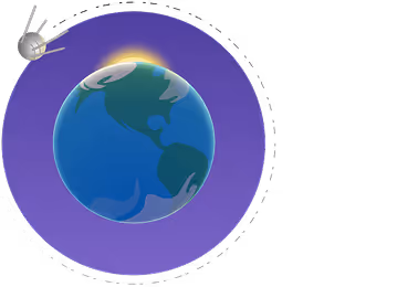 Illustration of a satellite orbiting Earth with sunlight on the horizon.