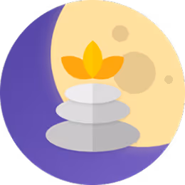 Stacked grey stones with a three-petal flower on top against a yellow full moon and purple sky background.