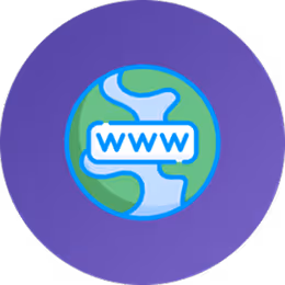Globe icon with a www label symbolizing a web link on a purple circular background.