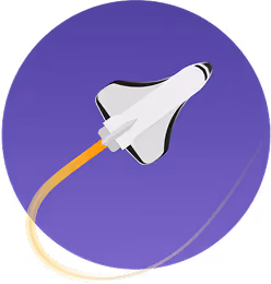 White space shuttle with orange trail flying upward on a purple circular background.