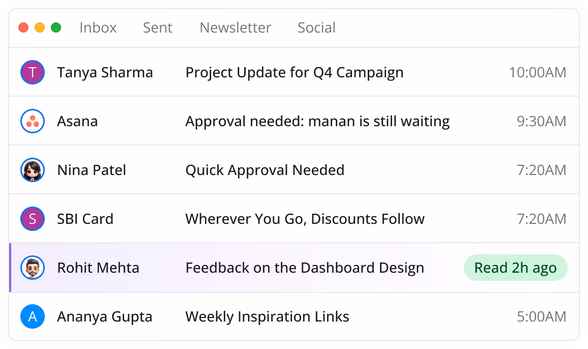 Email inbox with six messages, highlighting one read email from Rohit Mehta about dashboard feedback.