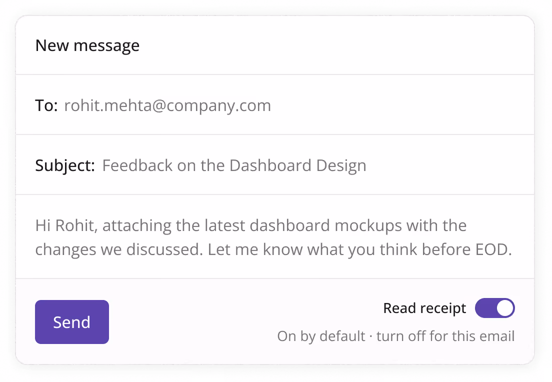 Email compose window showing message to rohit.mehta@company.com with subject about dashboard design feedback.