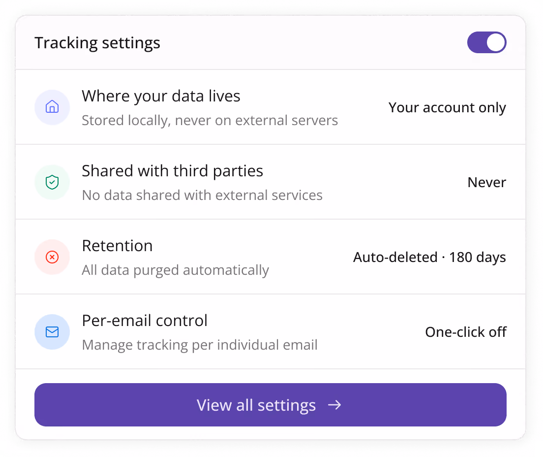 Tracking settings panel with toggles for data location, third-party sharing, retention, and per-email control.
