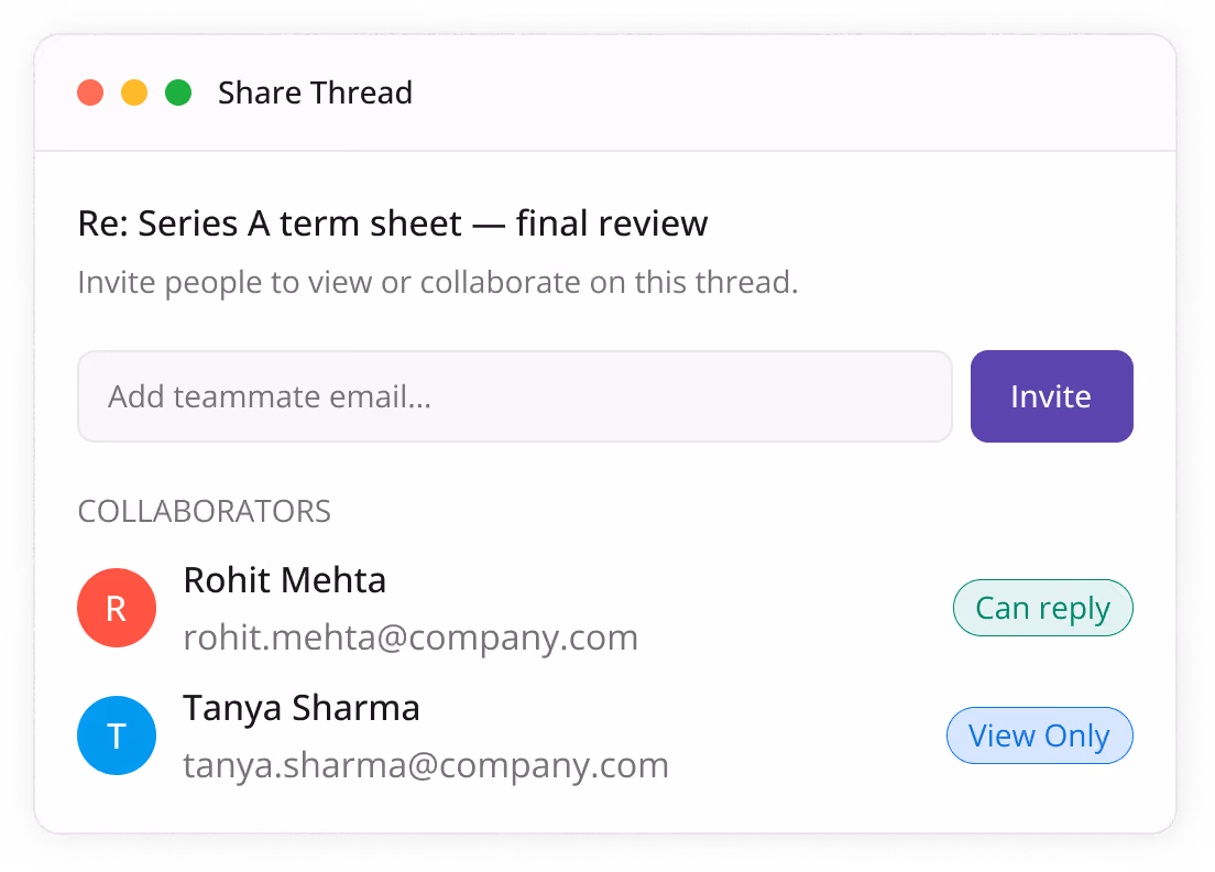 Window titled Share Thread showing collaborators Rohit Mehta (can reply) and Tanya Sharma (view only).